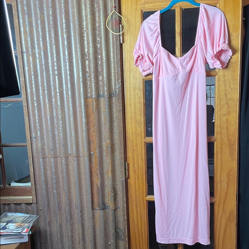 FREE PEOPLE Pink Maxi Dress with Puff Sleeves, Size L